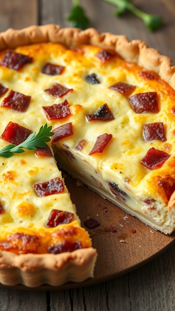 A golden quiche Lorraine with bacon and cheese, garnished with parsley, on a wooden table.